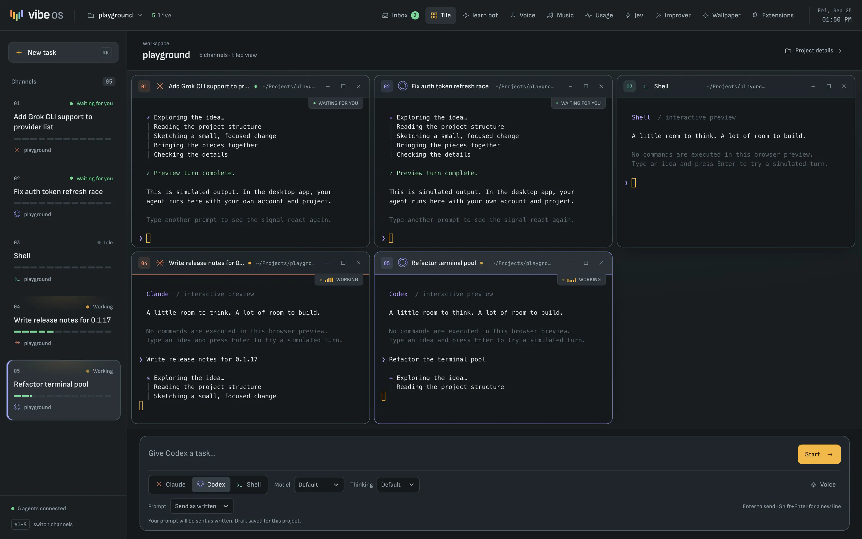 Vibe OS with five channels tiled on the desk: two agents waiting for you, two working, and a shell. The channel rail on the left shows each task with its status and activity meter, and the chat bar sits along the bottom.