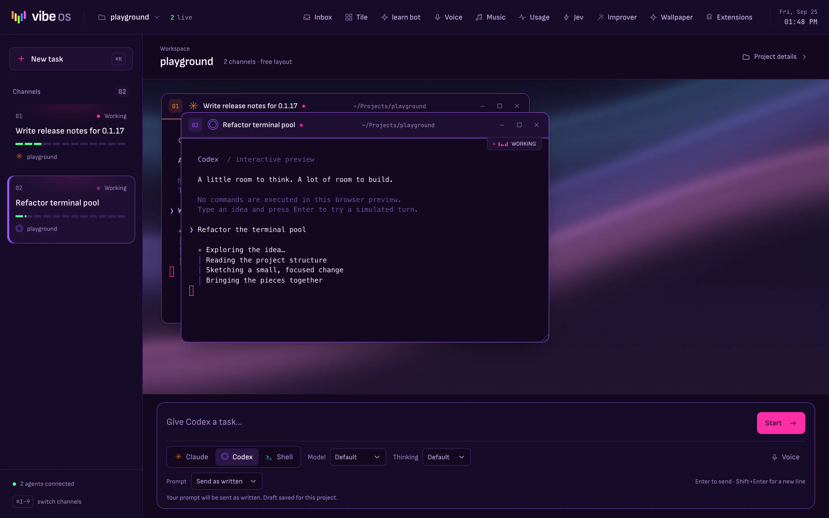 The Synthwave theme with the Silk wallpaper: deep purple panels and pink accents over flowing violet ribbons.