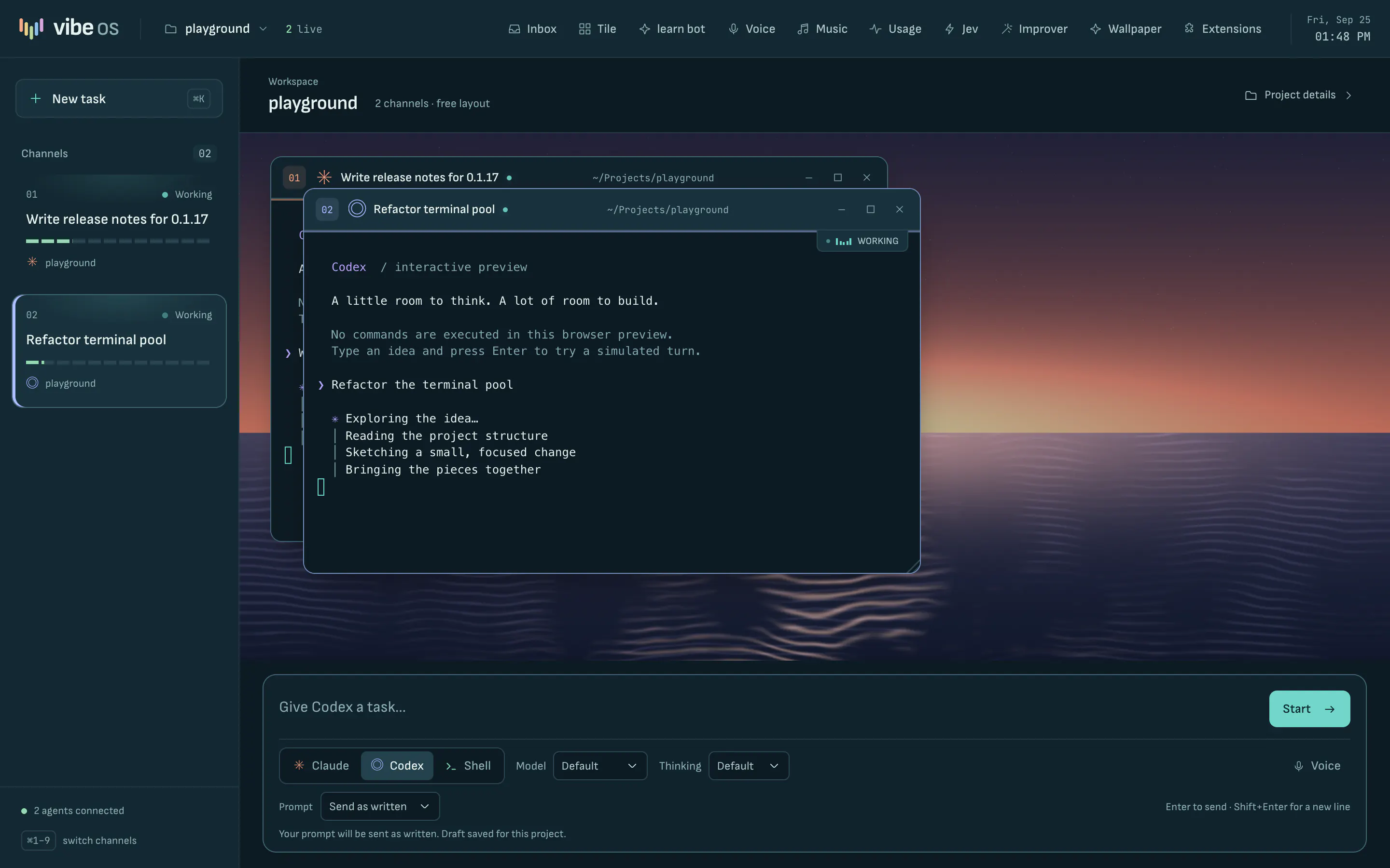The Tidal theme with the Tide wallpaper: blue-green panels over a sunset reflected on the sea.